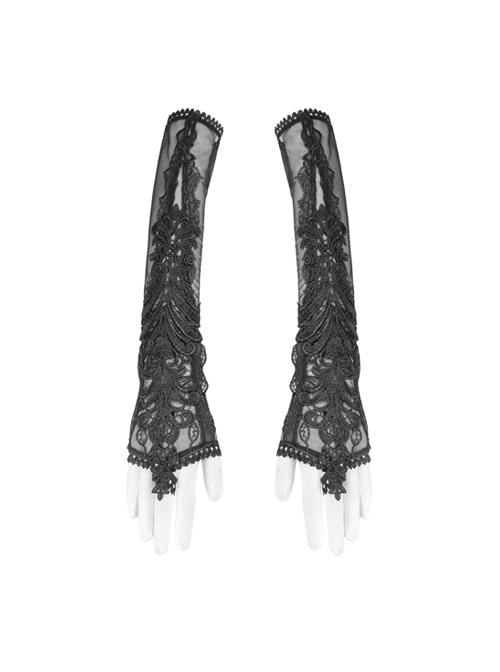 Black Embroidery Lace Elegant Sexy Gothic Mesh Long Gloves