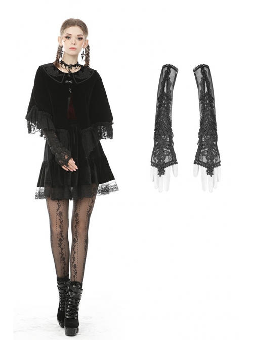 Black Embroidery Lace Elegant Sexy Gothic Mesh Long Gloves