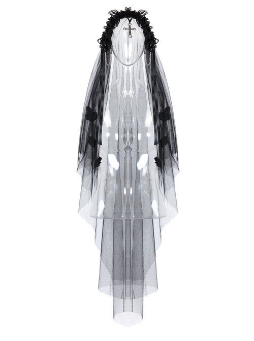 Gothic Lolita Black Lace Wedding Bride Cross Pendant Veil