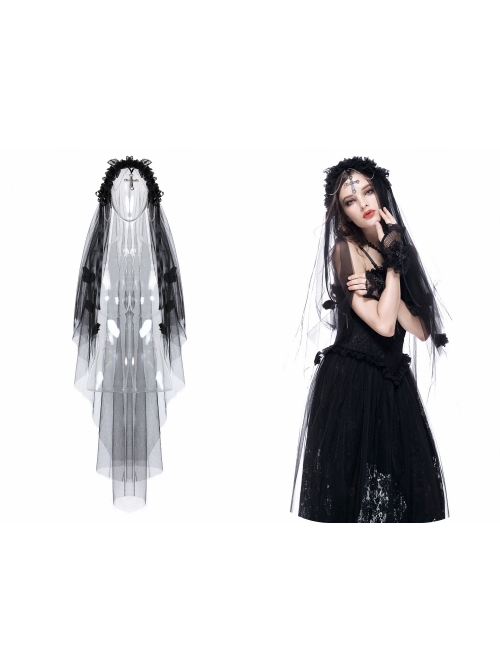Gothic Lolita Black Lace Wedding Bride Cross Pendant Veil