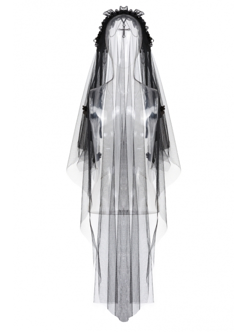 Gothic Lolita Black Lace Wedding Bride Cross Pendant Veil