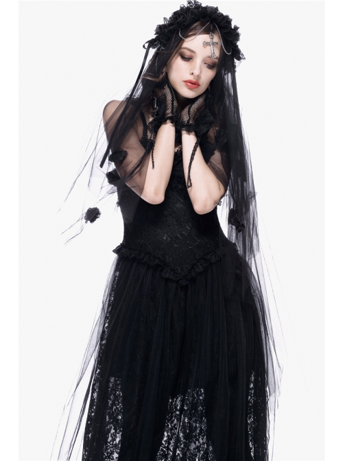Gothic Lolita Black Lace Wedding Bride Cross Pendant Veil