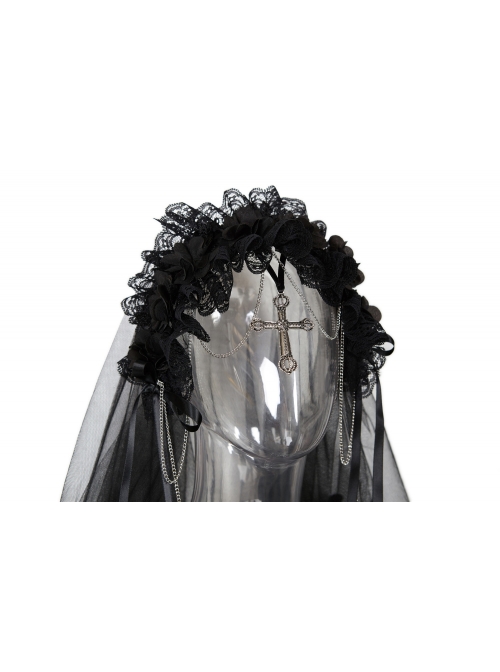 Gothic Lolita Black Lace Wedding Bride Cross Pendant Veil