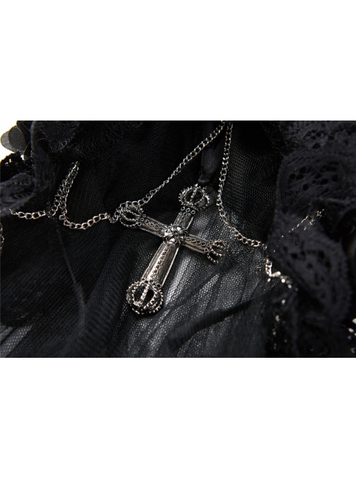 Gothic Lolita Black Lace Wedding Bride Cross Pendant Veil
