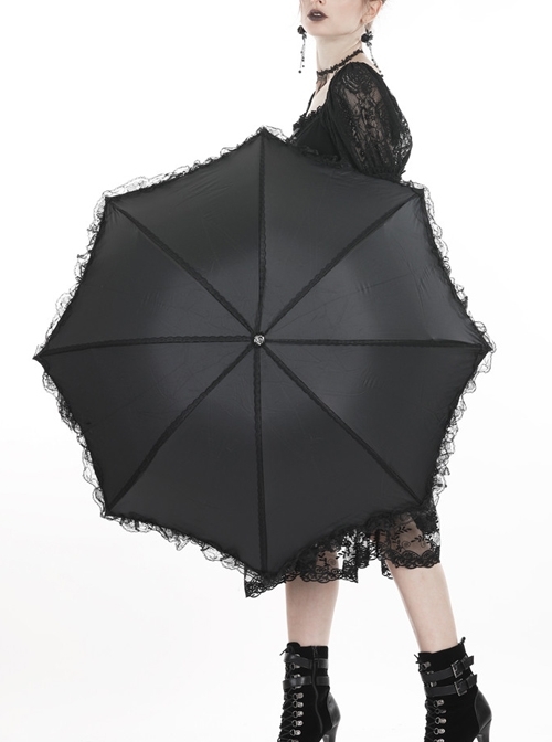Black Lace Embellished Gothic Lolita Simplicity Telescopic Umbrella