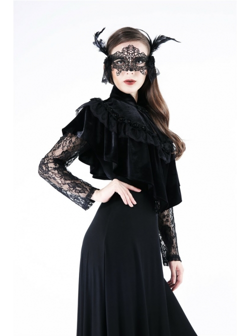 Gothic Flowers Lace Ruffle Black Velvet Heart Shaped Cape
