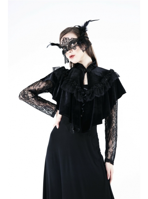 Gothic Flowers Lace Ruffle Black Velvet Heart Shaped Cape