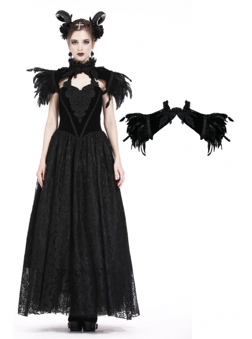 Gothic Two Ways To Wear Gorgeous Black Feather Lace Velvet Splicing Stand Collar Capelet