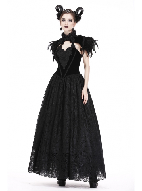Gothic Two Ways To Wear Gorgeous Black Feather Lace Velvet Splicing Stand Collar Capelet