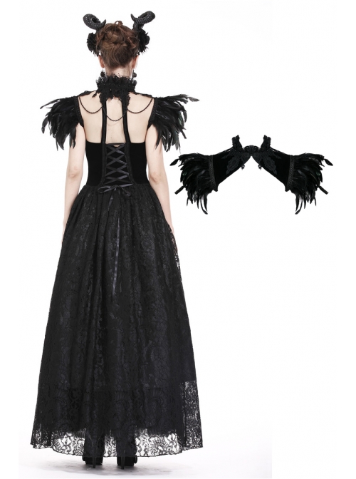 Gothic Two Ways To Wear Gorgeous Black Feather Lace Velvet Splicing Stand Collar Capelet