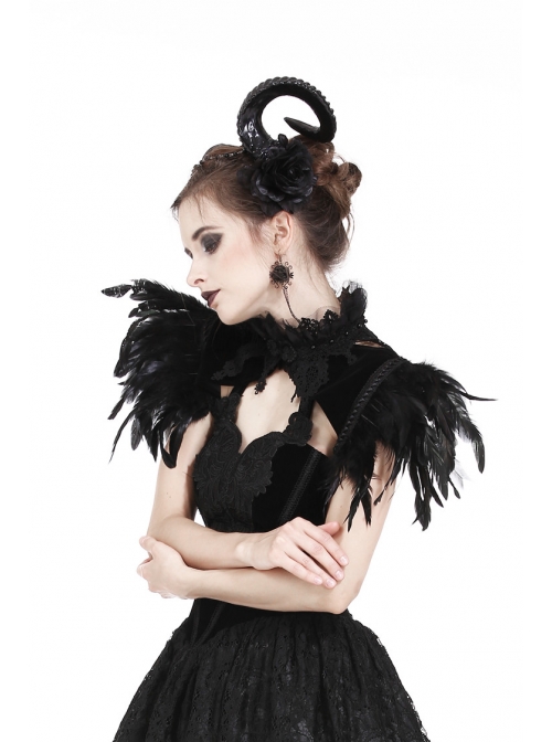 Gothic Two Ways To Wear Gorgeous Black Feather Lace Velvet Splicing Stand Collar Capelet