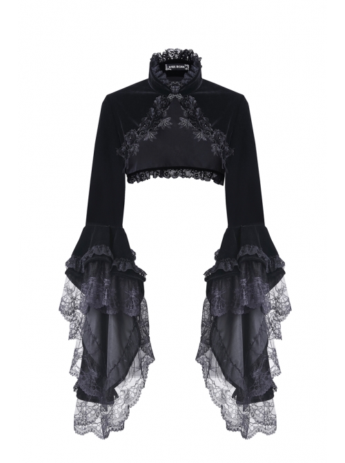 Gothic Trumpet Sleeve Black Velvet Lace Frill Stand Collar Capelet