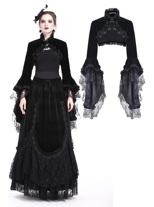 Gothic Trumpet Sleeve Black Velvet Lace Frill Stand Collar Capelet
