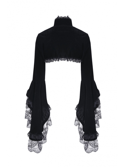 Gothic Trumpet Sleeve Black Velvet Lace Frill Stand Collar Capelet