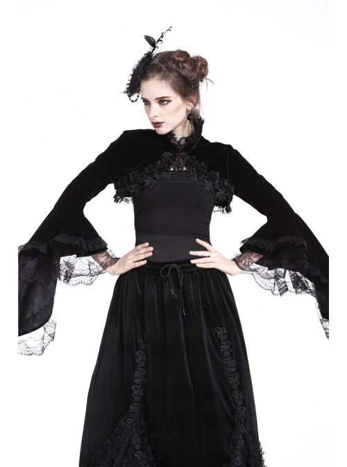 Gothic Trumpet Sleeve Black Velvet Lace Frill Stand Collar Capelet