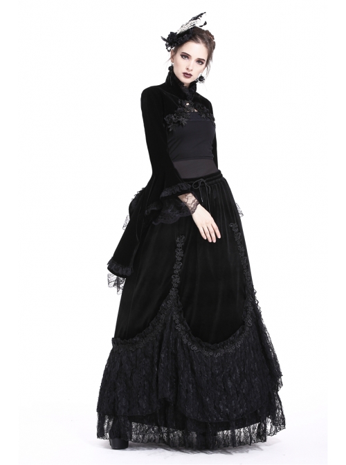 Gothic Trumpet Sleeve Black Velvet Lace Frill Stand Collar Capelet