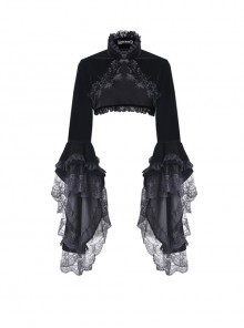 Gothic Trumpet Sleeve Black Velvet Lace Frill Stand Collar Capelet