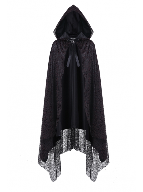 Gothic Red And Black Lace Halloween Witch Hooded Long Cloak