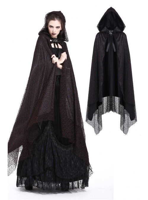 Gothic Red And Black Lace Halloween Witch Hooded Long Cloak