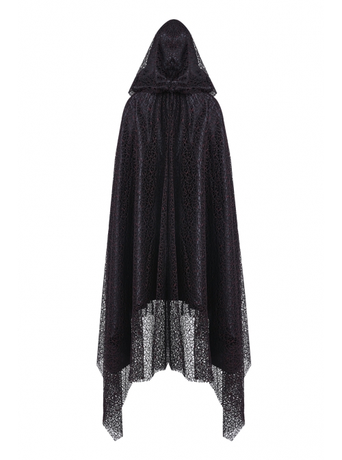 Gothic Red And Black Lace Halloween Witch Hooded Long Cloak
