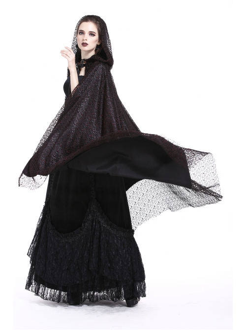 Gothic Red And Black Lace Halloween Witch Hooded Long Cloak