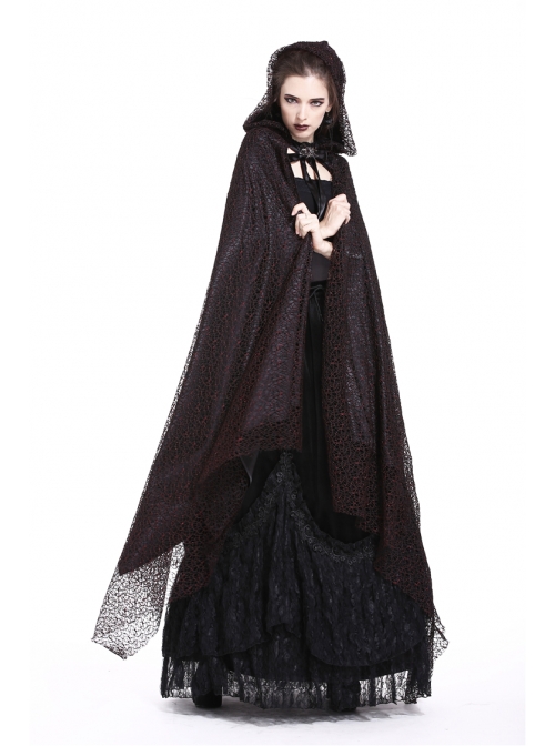 Gothic Red And Black Lace Halloween Witch Hooded Long Cloak