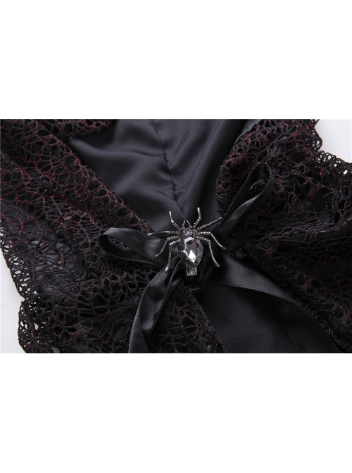 Gothic Red And Black Lace Halloween Witch Hooded Long Cloak