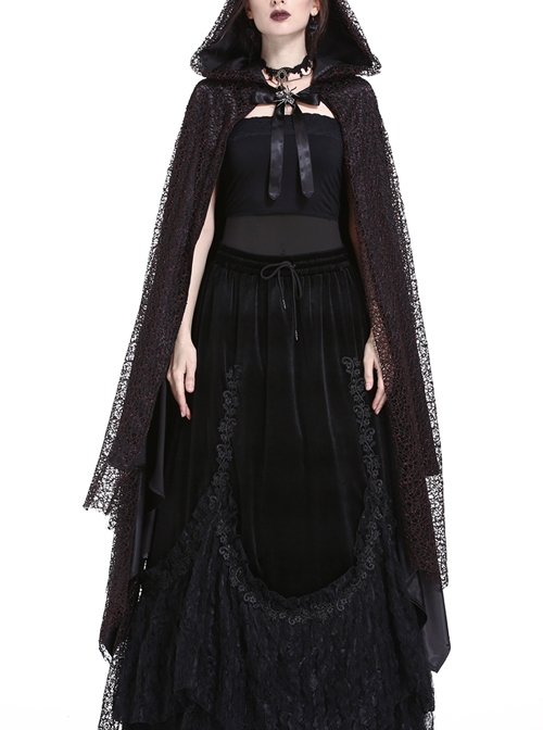 Gothic Red And Black Lace Halloween Witch Hooded Long Cloak