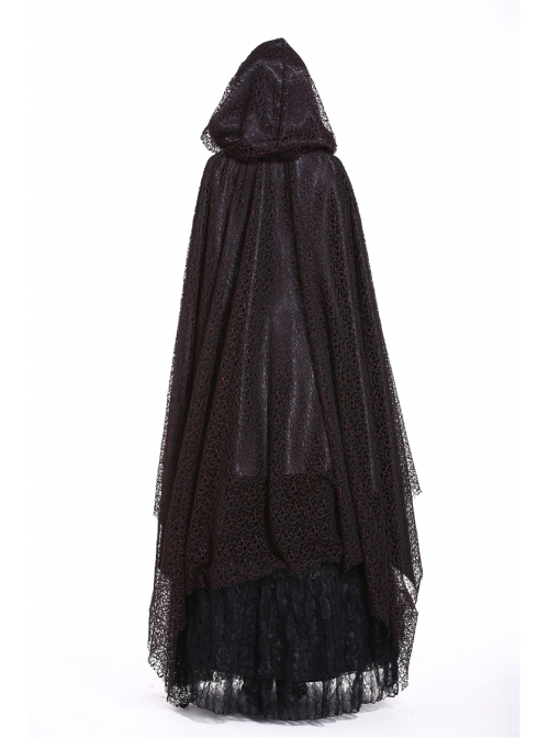 Gothic Red And Black Lace Halloween Witch Hooded Long Cloak