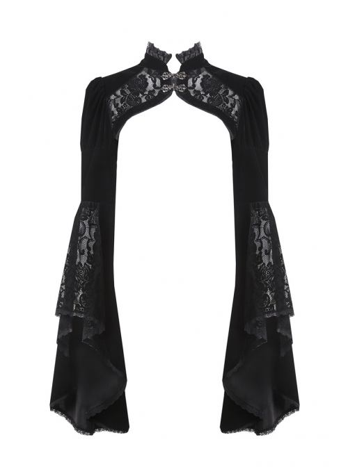 Stand Collar Black Lace Splicing Velvet Bell Sleeves Gothic Shoulder Cape