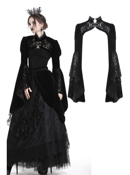 Stand Collar Black Lace Splicing Velvet Bell Sleeves Gothic Shoulder Cape
