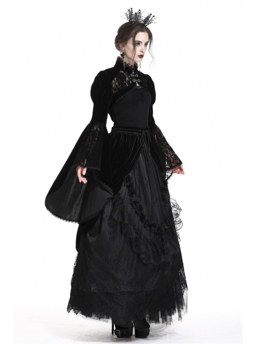 Stand Collar Black Lace Splicing Velvet Bell Sleeves Gothic Shoulder ...