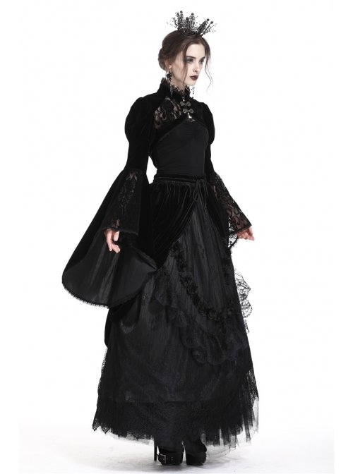 Stand Collar Black Lace Splicing Velvet Bell Sleeves Gothic Shoulder Cape