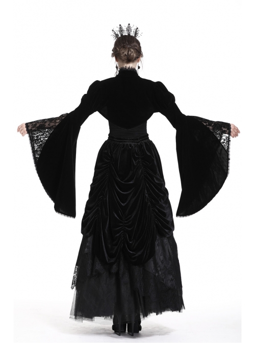 Stand Collar Black Lace Splicing Velvet Bell Sleeves Gothic Shoulder Cape