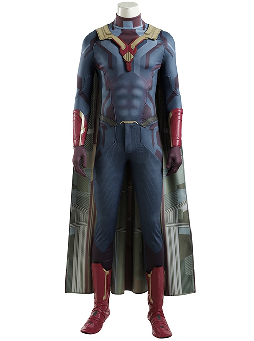 Avengers Age Of Ultron Vision Blue Bodysuit Battle Suit Halloween Cosplay Costume Cloak
