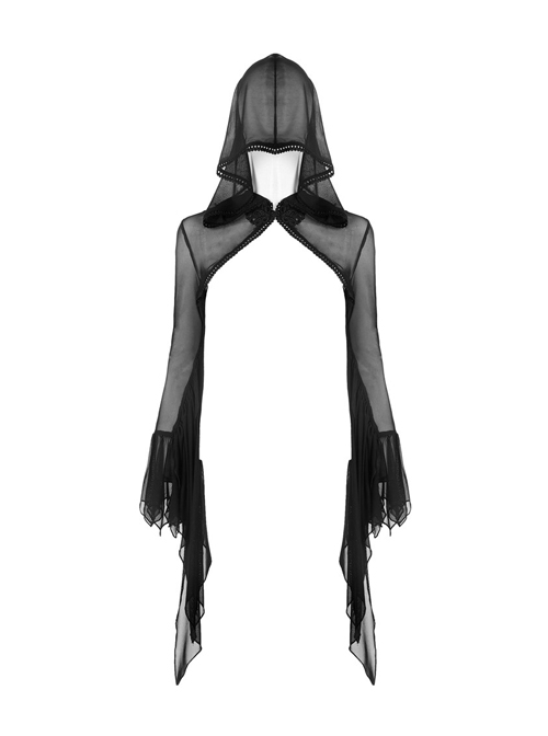 Black Fishnet Fabric Hooded Witch Gothic Long Sleeve Shoulder Cape