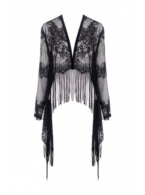 Gothic Black Hollow-out Embroidery Tassel Kimono Sleeves Tie-up Cape