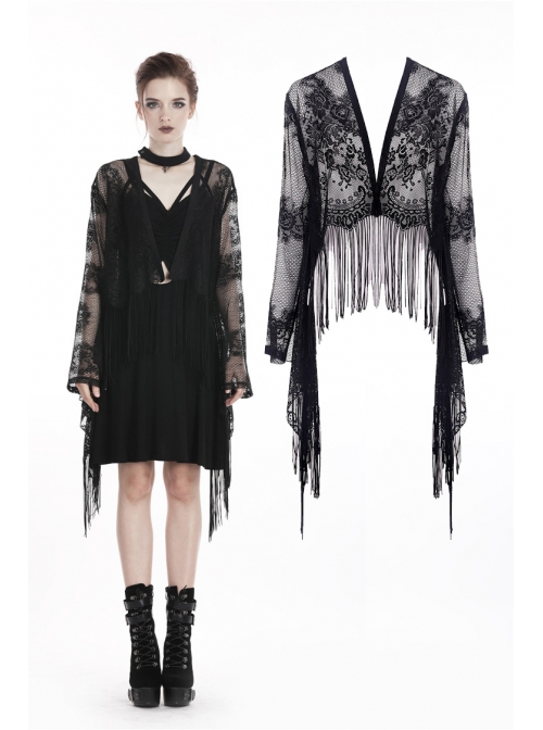 Gothic Black Hollow-out Embroidery Tassel Kimono Sleeves Tie-up Cape