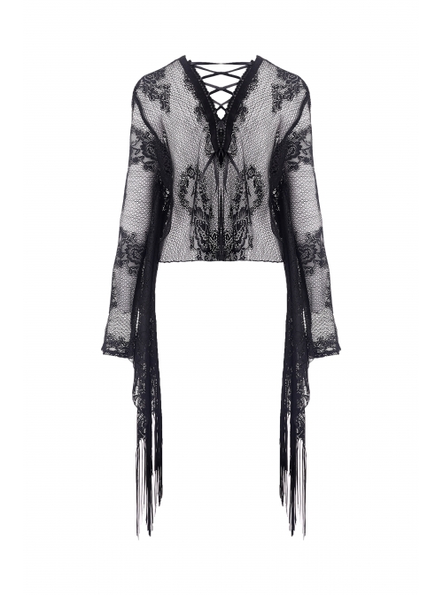 Gothic Black Hollow-out Embroidery Tassel Kimono Sleeves Tie-up Cape