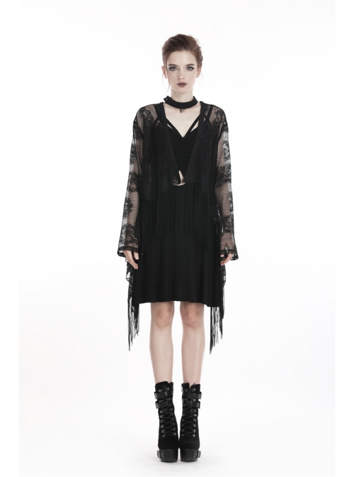 Gothic Black Hollow-out Embroidery Tassel Kimono Sleeves Tie-up Cape