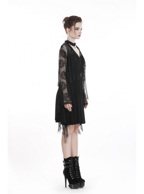 Gothic Black Hollow-out Embroidery Tassel Kimono Sleeves Tie-up Cape
