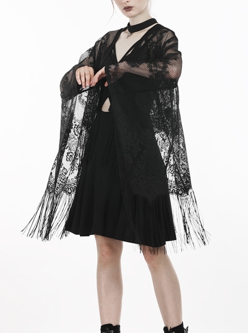 Gothic Black Hollow-out Embroidery Tassel Kimono Sleeves Tie-up Cape