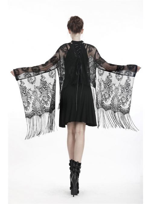 Gothic Black Hollow-out Embroidery Tassel Kimono Sleeves Tie-up Cape