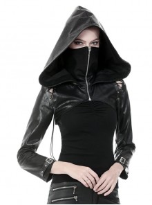 Punk Black PU Leather Zipper Masked Hooded Long Sleeve Shoulder Cape