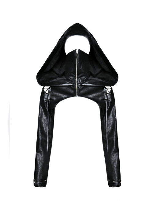 Punk Black PU Leather Zipper Masked Hooded Long Sleeve Shoulder Cape