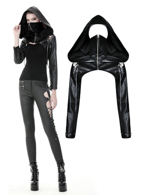 Punk Black PU Leather Zipper Masked Hooded Long Sleeve Shoulder Cape