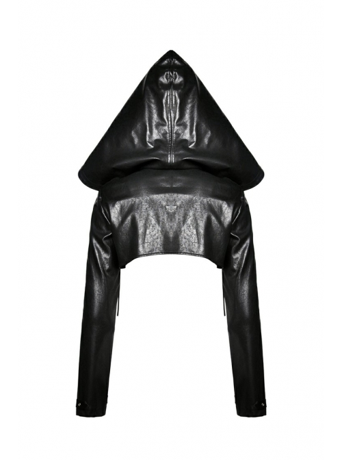 Punk Black PU Leather Zipper Masked Hooded Long Sleeve Shoulder Cape