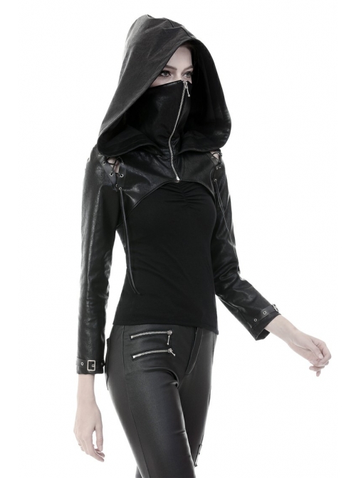 Punk Black PU Leather Zipper Masked Hooded Long Sleeve Shoulder Cape