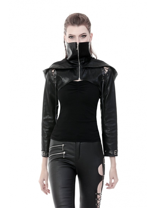 Punk Black PU Leather Zipper Masked Hooded Long Sleeve Shoulder Cape