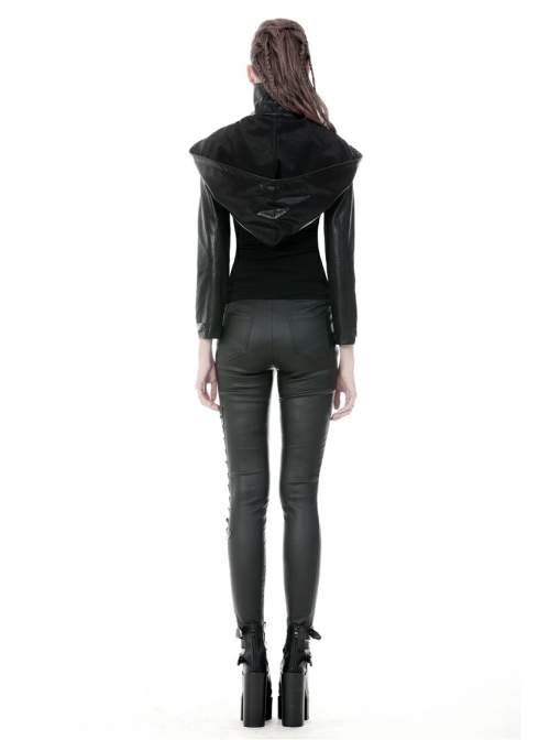 Punk Black PU Leather Zipper Masked Hooded Long Sleeve Shoulder Cape
